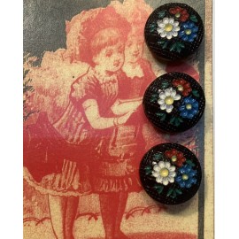 Set of 3 ~Vintage  Black 3/4" painted flower  Glass Buttons~ NOS