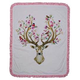 Dear Baby Gear Deluxe Baby Blankets, Double Layer, Deer Head with Flowers, Smooth Minky with Ruffle, Light Pink