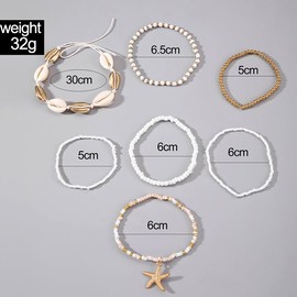 7pcs Stackable Beach Shell Bracelet Set for Woman Girls Teen,Boho Cowrie Seashell Starfish Bracelet Set,Cute Beaded Jewelry Gifts for Friends (Gold)