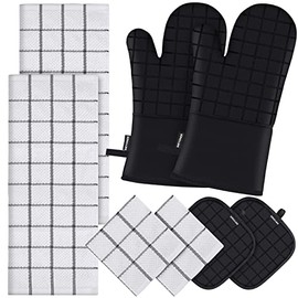 Oven Mitts and Kitchen Towel Sets with Pot Holders, 500 Degree Heat Resistant Kitchen Mitts and Pot Holders, Kitchen Washcloth Towel Set, Pure Cotton Kitchen Hand Towels Sets Hanging Loop 8PCS-Black