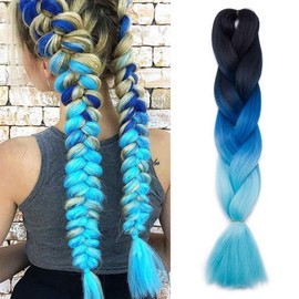 Rainbow Color Jumbo Braiding Hair Extensions 3 Tone Colorful Synthetic Braid Hair Extension 1pc 24 inches Black to Dark Blue to Sky Blue