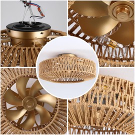 Bewishing 20'' Boho Gold-Colored Rattan Fandelier with Light & Remote - Flush Mount Low Profile, Woven Caged Enclosed Ceiling Fan, 6 Speeds Reversible for Bedroom/Living Room