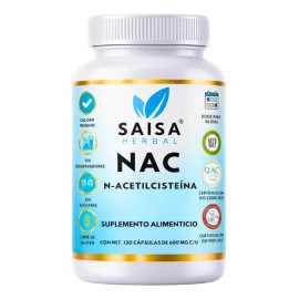 NAC N-Acetilcisteína 600 mg 120 Cáps SAISA HERBAL  Suplemento Natural  Antioxidante, Apoyo Celular y Bienestar Respiratorio                           
