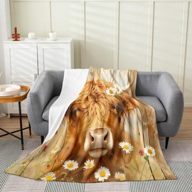 jejeloiu Highland Cow Fuzzy Blanket Flower Highland Cattle Flannel Fleece Throw Blanket Boys Girls Botanical Floral All Season Bed Blanket Throw 50"x60" Plush Blanket