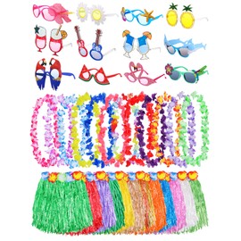 Janmercy 36 Pcs Hawaiian Grass Skirt Set for Luau Party Include 12 Hula Grass Skirt 12 Hawaiian Leis Flower 12 Luau Sunglasses Party Favor for Adults Women Tropical Summer Beach Party Costume