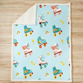 Skating Kids Throw Blanket,Roller Skates Winter Sports Games Bed Blanket for Boys Girls Adults,Rainbow Flash Stars Cartoon Fleece Blanket,Blue Cute Fuzzy Blanket,Throw Size (50 x 60 Inches)