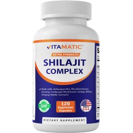 Vitamatic Shilajit Complex Capsules, Made with Ashwagandha, Rhodiola, Ginseng, Cordyceps, Ginkgo, Nettle, Turmeric - 120 Veggie Capsules - Extra Strength Shilajit Extract for Men & Women