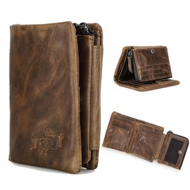 Contacts Crazy Horse Leather Wallet for Men Travel Bifold Wallets Trifold Purse Vintage Card Holder Zipper Coin Pocket with 13 Card Slot, Light Brown, Vintage