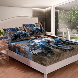 Blue Tractor Fitted Sheet Queen Size Rustic Farmhouse Style Bedding Sheet Set,Farming Truck Retro American Flag Graffiti Bed Cover Ultra Soft Breathable Bedding 3 Pcs