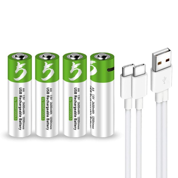 USB Rechargeable AA Lithium ion Battery High Capacity 1.5V 2600mWh(1700mAh) 1.5 H Fast Charge 1200 Cycles with Type C Cable - 4 Pack