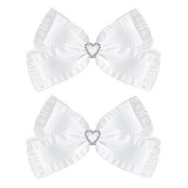 White Hair Bow with Sparkly Heart - 2 Pcs Bow Hair Clips, Elegant Hair Accessories for Wedding Birthday Party School