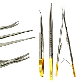 Castroviejo-Barraquer Needle Holder, Curved, 6in + Castroviejo Micro Scissors, Curved, 6in + Tying Forceps, Straight, Serrated | German Stainless Steel Instruments Kit (3pcs)