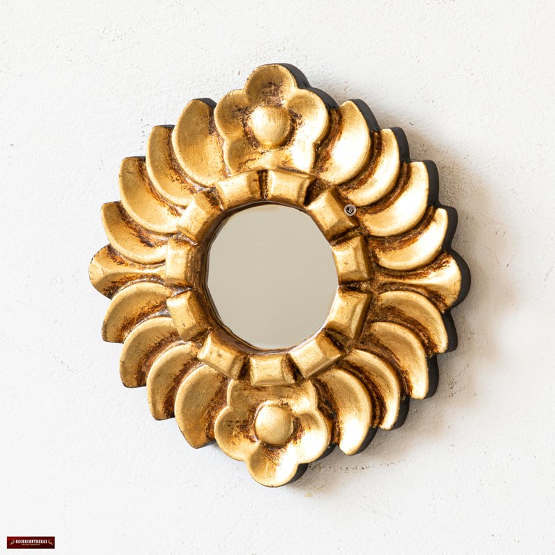 DecorContreras Handmade Small Gold Round Mirror 6in | Peruvian Hand-Carved