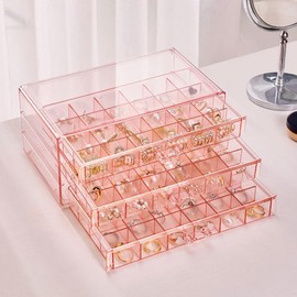 Acrylic Jewellery Organiser 3 Drawers Earring Storage Organiser Jewelry Storage Box Holder with Compartments Transparent Organizer Case for Earrings,Charms,Craft Beads Gift for Women Girls (Pink)