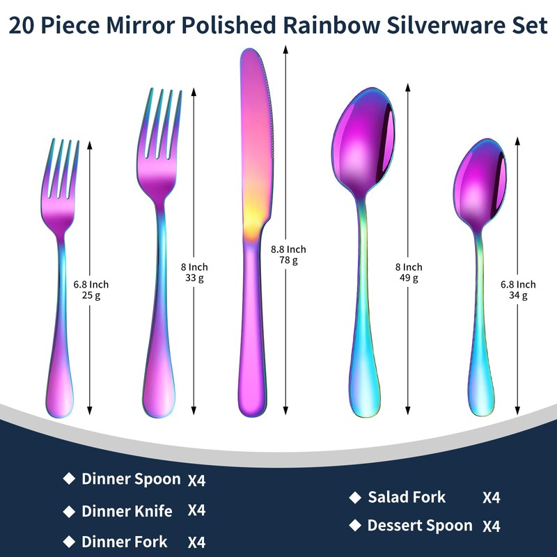 Knifes Forks Spoons Rainbow Silverware Set for 4，20-Piece Stainless Steel