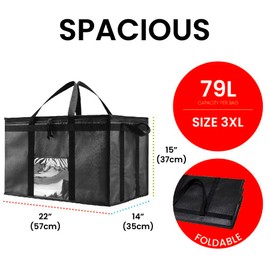 NZ Home Insulated Cooler Bag and Food Warmer (3XL, 4 Pack) for Food Delivery & Grocery Shopping with Zippered Top, Black