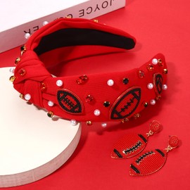 PHALIN Football Headband for Women - Mom Accessories, Enamel Charm Jeweled Rhinestone Knotted Sport Game Day Headband (Football Red&Black)