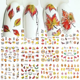 Fall Winter Maple Leaf Letter Nail Stickers for Nail Art - YEFIUO Nail Art Stickers Decals Water Transfer Self-Adhesive Nail Tattoo Stickers Fallen Leaf Nail Art Kits Supplies Decoration (12 in 1)