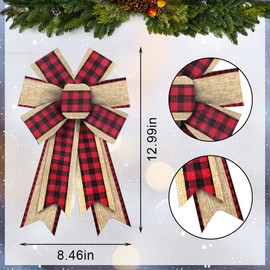 2PCS Christmas Wreath Bows, Red Black Buffalo Plaid Bows for Wreath Beige Rustic Farmhouse Bows for Front Door Winter Christmas Tree Bows for New Year Indoor Outdoor Xmas Decorations