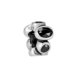Quiges 925 Sterling Silver 3D Wreath of Circles Intermediate Element Charm Bead with Black Crystal, Sterling Silver, Cubic Zirconia