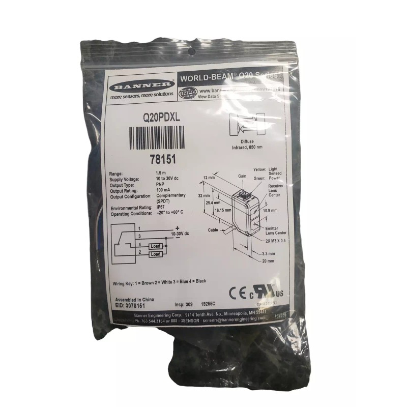 BANNER Q20PDXL 78151 Diffuse Optical Sensor 4.9' (1.50m) PNP -