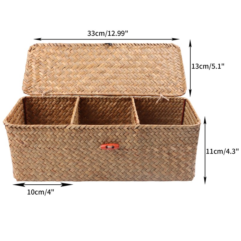 FEILANDUO 3-Section Seagrass Storage Basket with Lid Hand Woven Small