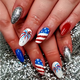 Independence Day Press on Nails Almond Fake Nails with Fireworks designs Acrylic Nails Full Cover American Flag Patriotic Glue on Nails 4th of July False Nails Glitter Stick on Nails for Women 24pcs