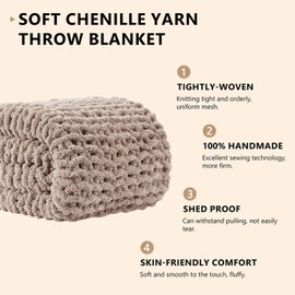 L'AGRATY Chunky Knit Blanket Throw: 50''x60'' Chenille Chunky Knitted Throw Blanket for Bed Couch - Handmade Thick Big Cable Knit Blanket - Large Crochet Rope Blanket for Home Decor(Light Taupe)