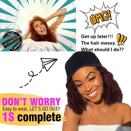 CHRSHN Hat Wig for Women Short Wave Baseball Cap Wig with Curly Hair Extensions Wig Synthetic Wave Wig Hat Adjustable Red Baseball Hat Wig