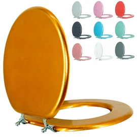 BLOFDE Round Toilet Seat Wood Toilet Seat Prevent Shifting with Zinc Alloy Hinges American Standard Size Toilet Seat Easy to Install also Easy to Clean(Round,Sparkling Classical Gold)