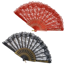 LOYELEY 2pcs Folding Lace Fan Flower Fan Dance Dance Spanish Don/Quixote Spanish Dance Decorative Fan for Dance Performance Practice Ballet Ballet Supplies (Black+Red)