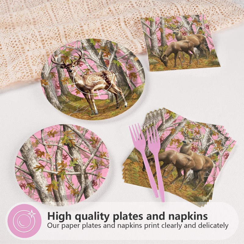 Greencian 96Pcs Pink Hunting Deer Camo Party Decorations, Serves 24