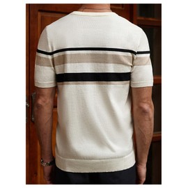 Verdusa Men's Old Money Striped Color Block Sweater Short Sleeve Crew Neck Casual Fitted Knitwear White X-Large