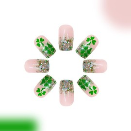 Square Short Press on Nails St. Patrick's Day Fake Nails Green Shamrock Glitter Powder Gradient French False Nails Tip with Lucky Clover Design Full Cover Glossy Glue on Acrylic Nails of Women（24PCS）