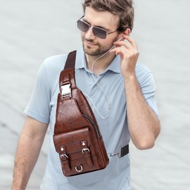 A-QMZL Sling Bags Mens Shoulder Bag Crossbody Bags Chest Bag PU Leather Waterproof Man Bags Women Travel Sling Bag Casual Backpack for Hiking,Cycling,Traveling (Dark Brown2)