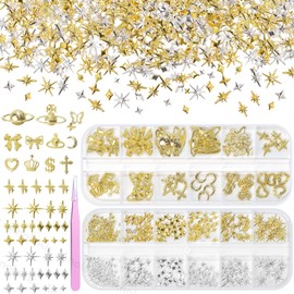 Cross Star Planet Heart Gold Nail Charms, Alloy Star Moon Crown Bow Butterfly Dollar Nail Art Charms Y2K Silver Gold Cross Star Metal Nail Studs Rivet Charm for DIY Acrylic Nail Supplies Design
