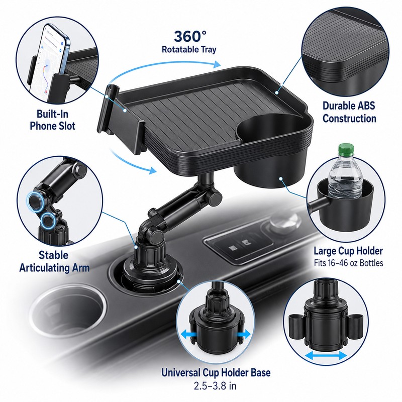 Adjustable Car Cup Holder Tray for Road Trips – 360°