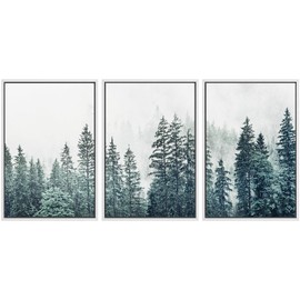 SIGNWIN Framed Canvas Print Wall Art Woodland Nursery Decor Set Film Grain Misty Mountain Pine Trees Nature Wilderness Modern Art Chic Landscape for Living Room, Bedroom, Office - 24"x36"x3 White