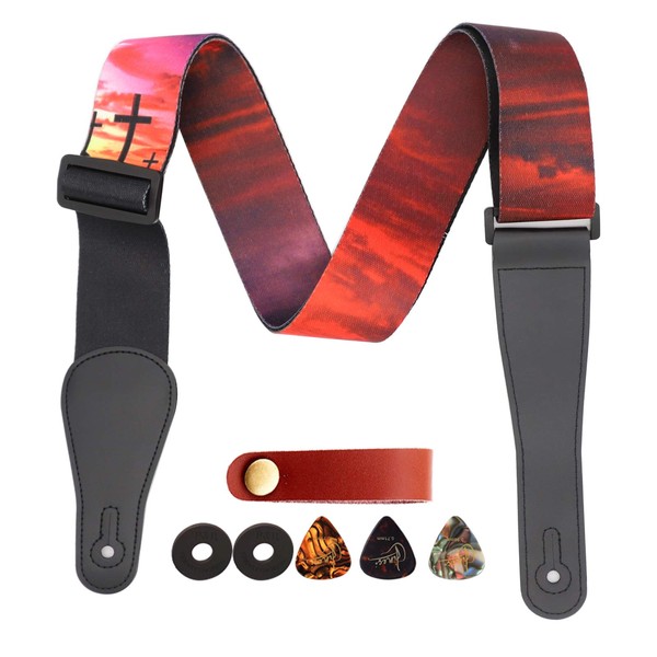 RAUYIVANY Guitar Strap, Sunset Cross Print Pattern with Leather End