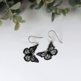 Pretty Smart Butterfly Dangle Earrings Lightweight Metal Cutout on Hypoallergenic Titanium Hooks (Black)