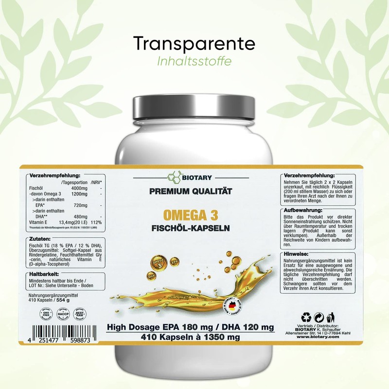 Omega 3 Fish Oil 410 Capsules, High Dose 4000 mg