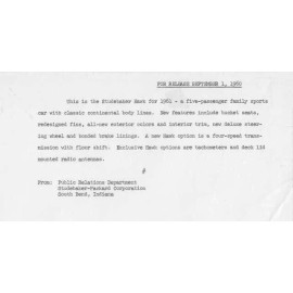 1961 Studebaker Hawk Press Photo and Release 0011