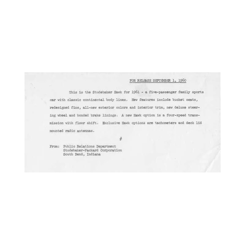 1961 Studebaker Hawk Press Photo and Release 0011