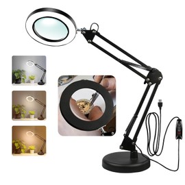 Zhiwei 10x Magnifying Glass with Light and Stand, 3 Color Modes 10 Stepless Dimmable LED Lighted Desk Lamp, Adjustable Swing Arm, Suitable for Repair, Reading, and Close Range Work. (Circle, 1, 1)