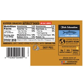 Season Kipper Snacks – Boneless Herring Fillets, No Salt Added, Naturally Smoked, Wild Caught, Keto Snacks, Certified Sustainable Seafood, Non-GMO, 18g of Protein, 1800mg of Omega-3 – 3.25 Oz, 24-Pack
