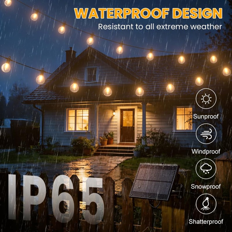 50FT Solar String Lights Outdoor Waterproof IP65 with USB-Charging ,