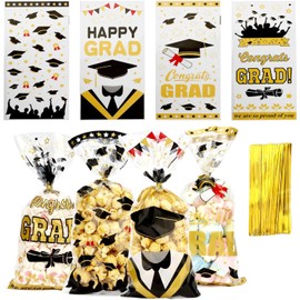 YaysaShop 100 Pcs Graduation Cellophane Treat Bags, Congrats Grad Goodie Bag, Graduation Cello Candy Bags with Twist Ties for Party Favor Supplies Gift Packing Decor