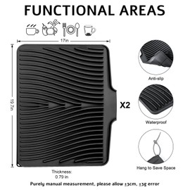 TIKNIK Dish Drying Mat, Stone Drying Mat for Kitchen Counter with Built-in Drain, Non-Slip Drying Matt Kitchen Counter, Heat Resistant Silicone Drying Mat, Dish Drying Pad, 2 Pcs (Black 19.7" x 17")