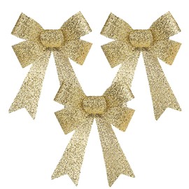 AKH® 5" x 4.5" Sparkling Christmas Glitter Tinsel Bows | Pack of 3 Xmas Bows | Tinsel Effect Christmas Bow Luxury Hanging Indoor Outdoor Christmas Tree Decoration Bows | Twist Tie On (Gold)
