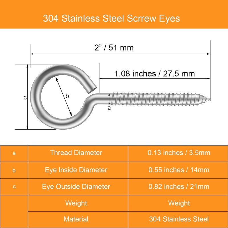 20pcs 2” 304 Stainless Screw Eyes Small Eyelet Screws Lag